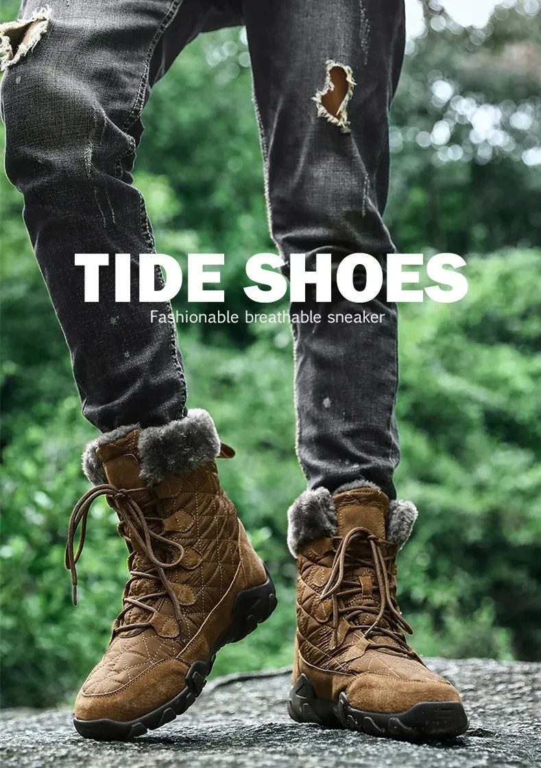 New Winter Men Snow Boots Fur Plush Warm Men Ankle Boots Plus Size Waterproof Men Boots Outdoor Non-Slip Hiking Boots Work Shoes
