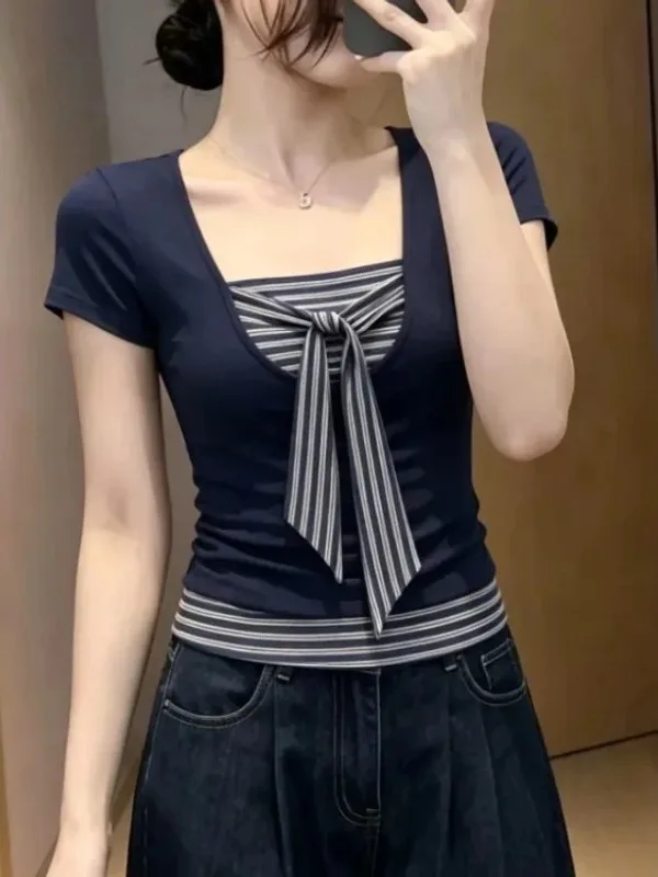 

Cobalt Blue Commuter Style plus Size T-Shirt Women's Short Sleeve Slim Fit Square Collar Top Knot Shoulder Length