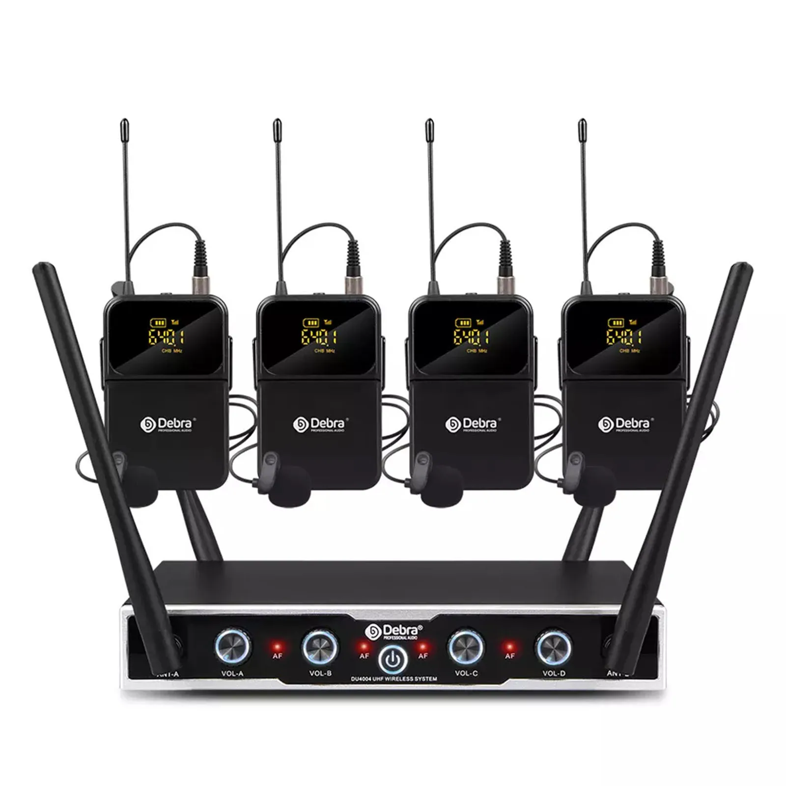 Portable 4Channel UHF Wireless Microphone System Audio DU4004 with handheld Headset lavalier Clip mic for karaoke