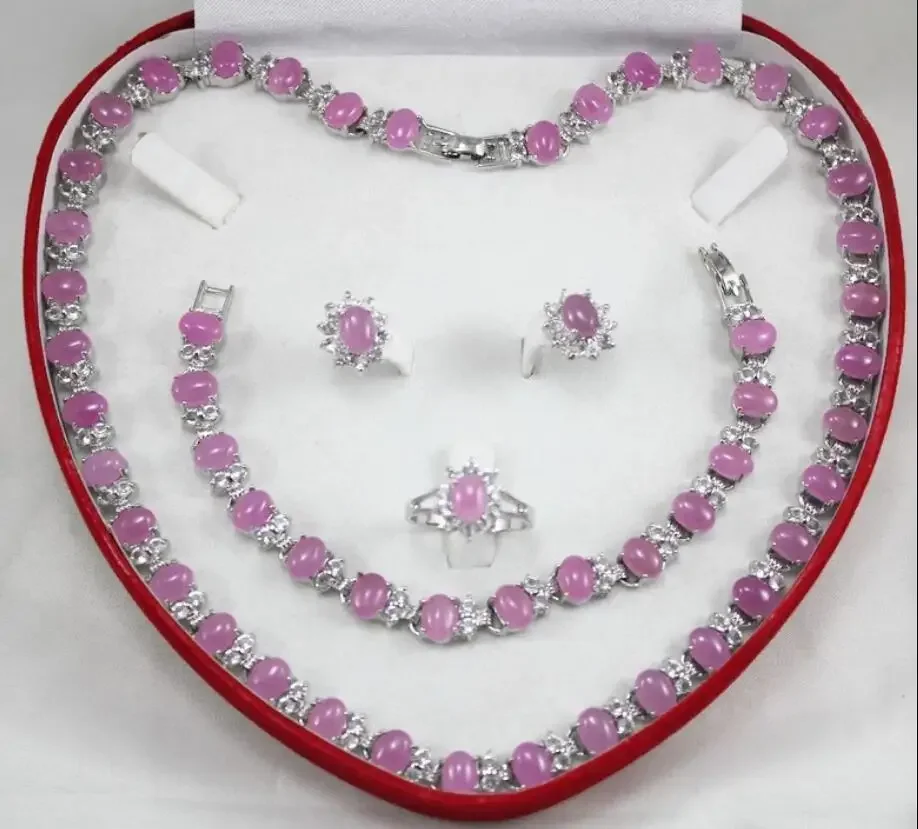 

Модное посеребренное фиолетовое нефритовое ожерелье в форме яйца + браслет + серьги + комплект колец