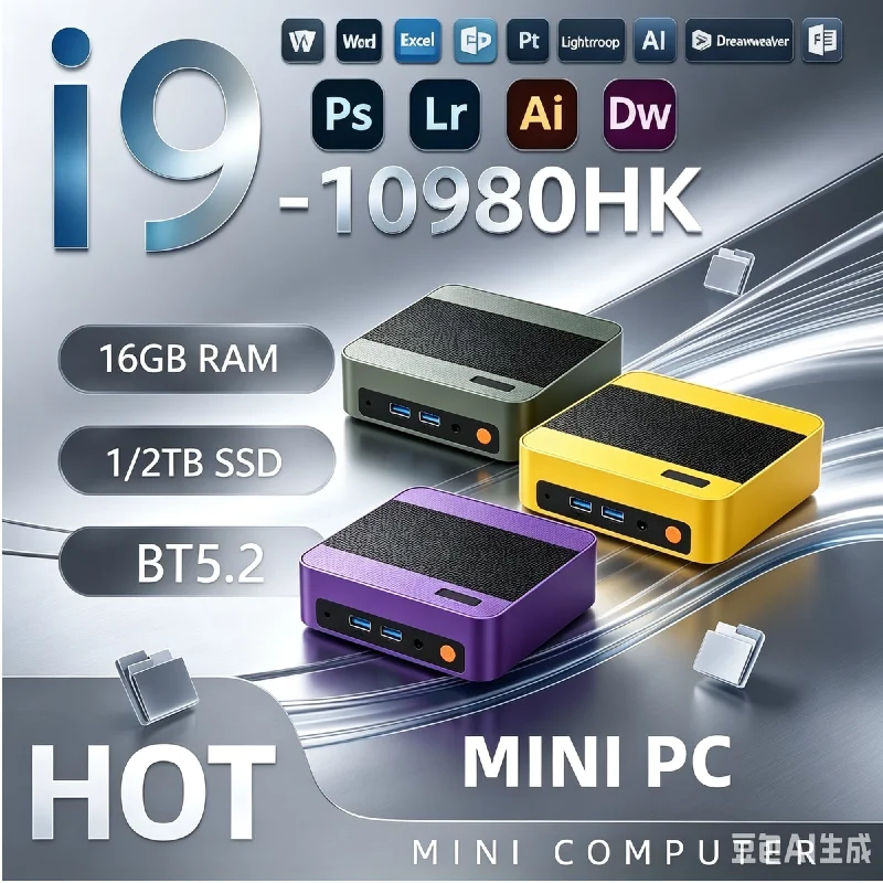 Intel i9-10980HK Compact Mini Workstation,16GB DDR4,NVMe M.2 SSD,Triple 4K Output,Quiet Cooling Fan,Practical Office Mini PC