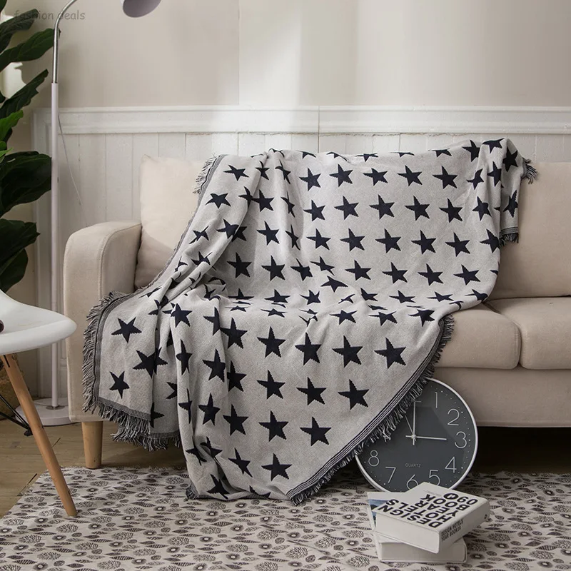 

Gray Star Woven Throw Blanket Fringe Reversible Can Use Blend Sofa Cover Nordic Pattern Wall Hanging Tapestry Living Room Decor