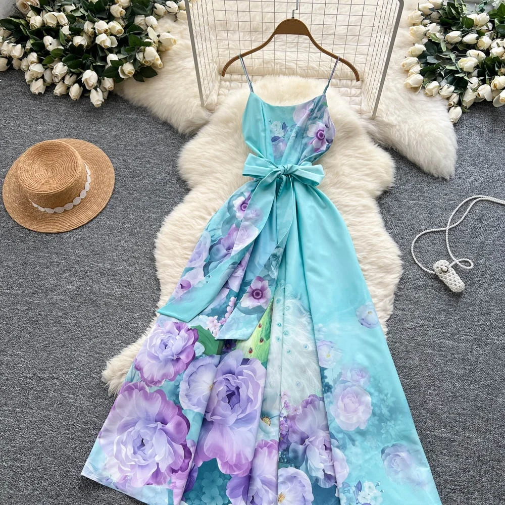 Clothlandผู้หญิงElegant Floralพิมพ์Camiชุดสปาเก็ตตี้สายรัดBackless Sashes Retro MidiชุดMujer QE127