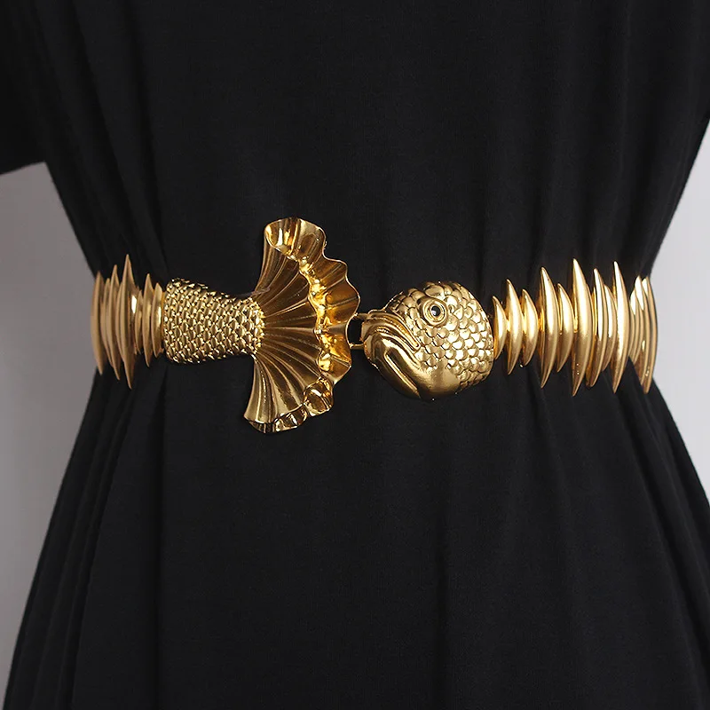 

2024 New Designer Belts For Women High Quality Luxury Brand Female Elastic Gold Belt Ladies Waist Fish Metal Dress Waistband