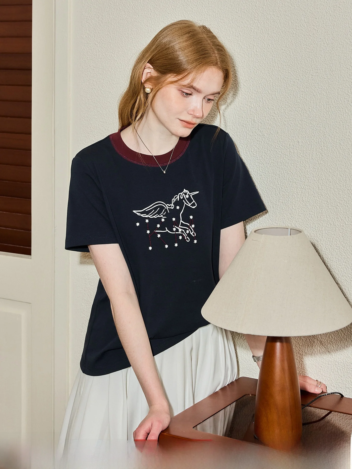 KuHNMaVi Cambodian Short Sleeve T-Shirt Summer Women's Campus Color Block Embroidery Slimming Comfortable Shoulder Line Top
