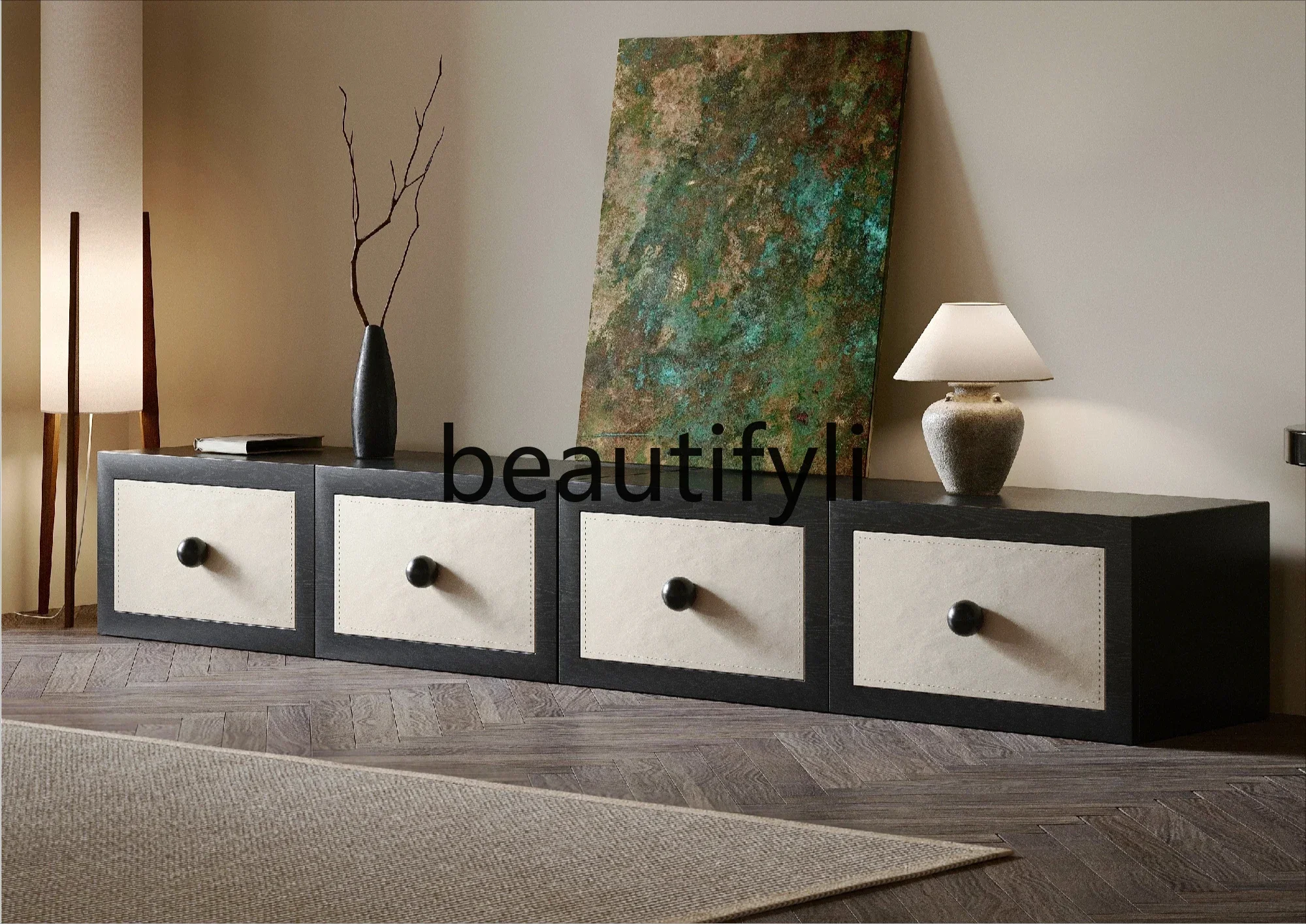 

D2520 Begonia TV Cabinet Wabi Sabi Medieval Saddle Leather Black Solid Wood Combination Locker