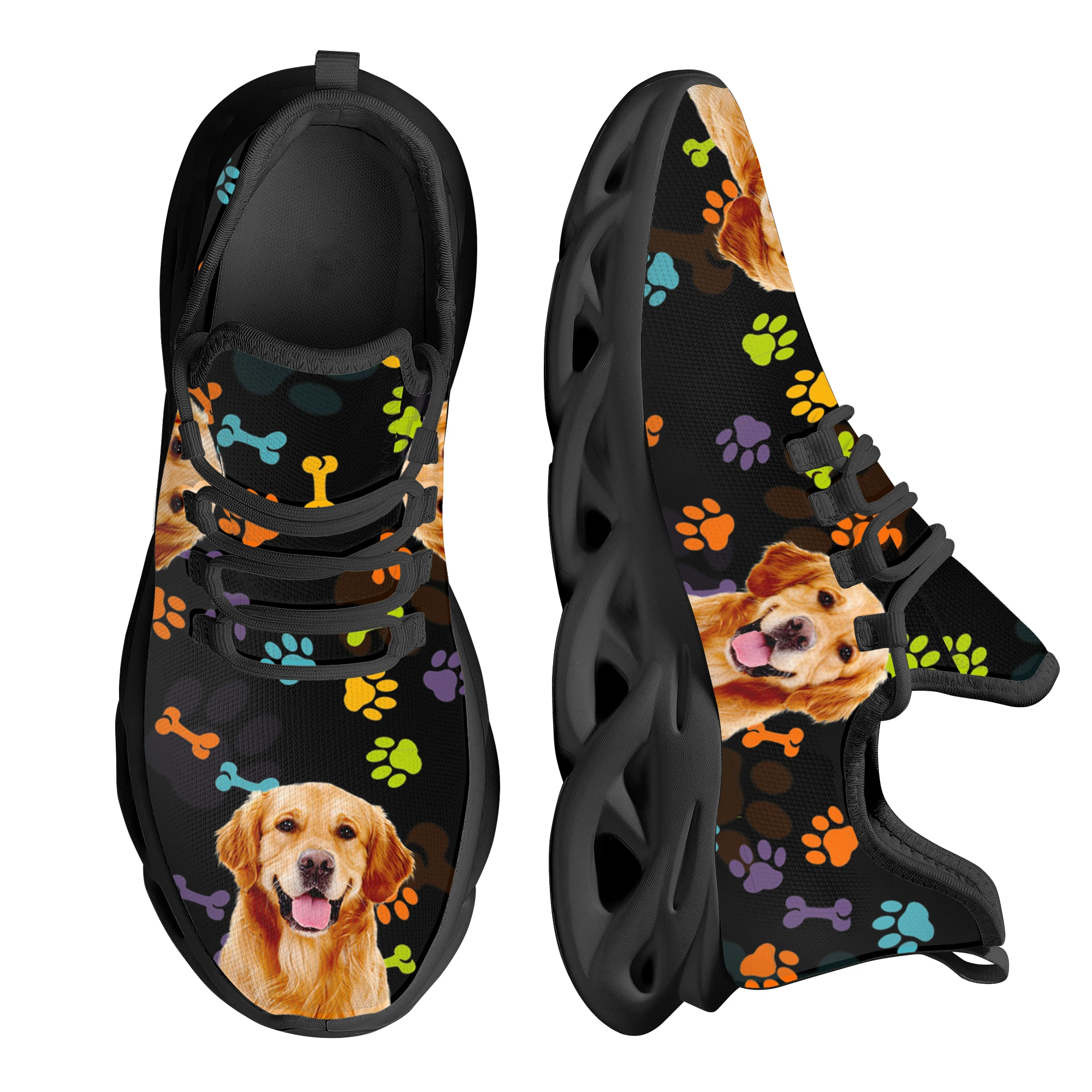 

INSTANTARTS Lovely Golden Retriever Pattern Rainbow Dog Paw Print Lightweight Lace-up Shoes Mesh Breathable Outdoor Sneakers