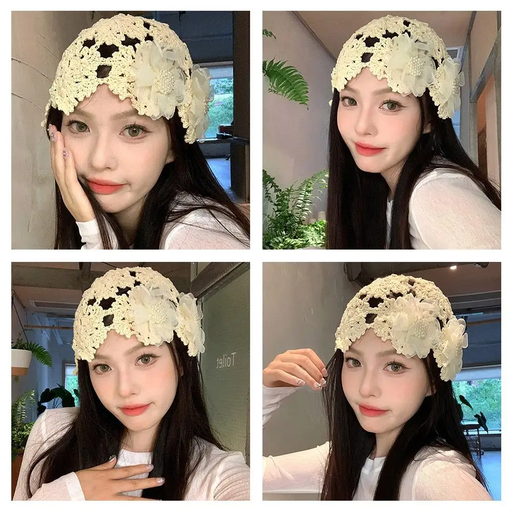 Korean Girls Hollow Out Flower Knittd Cap Fashion Solid Hats Flower Camping Style Hat Sweety Casual Carved Elegant Party G5j9