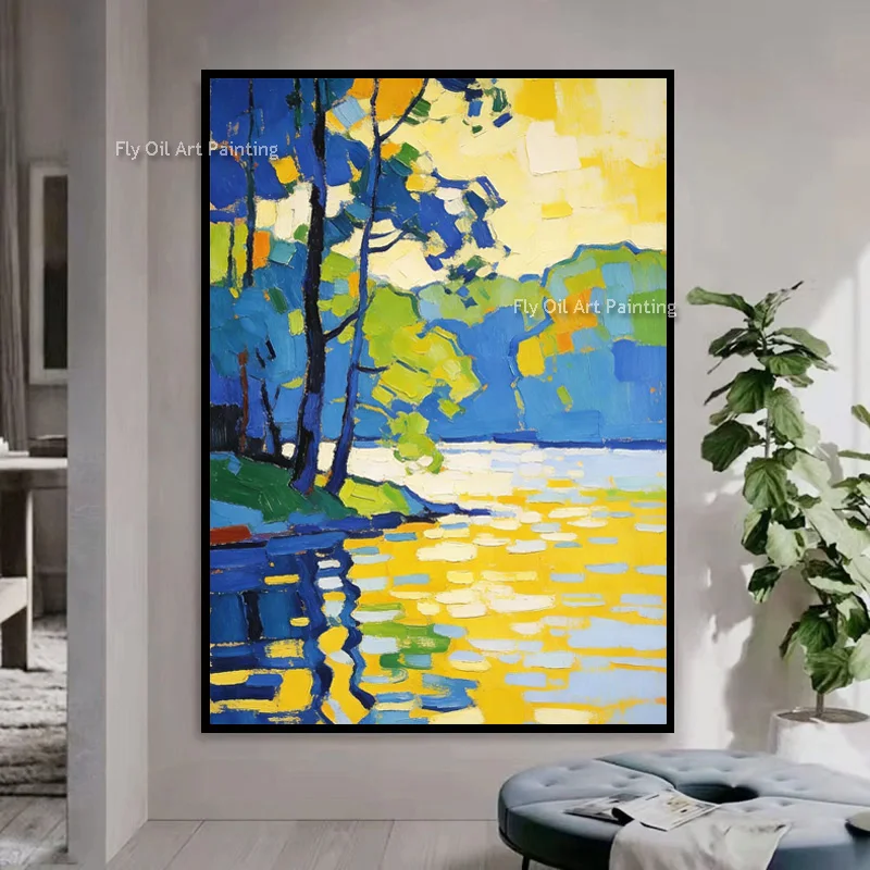 New Original Green Yellow Suburb Landscape Oil Painting On Canvas Fashion Lake Side Sunset View Home Wall Art Decor Items As Gif