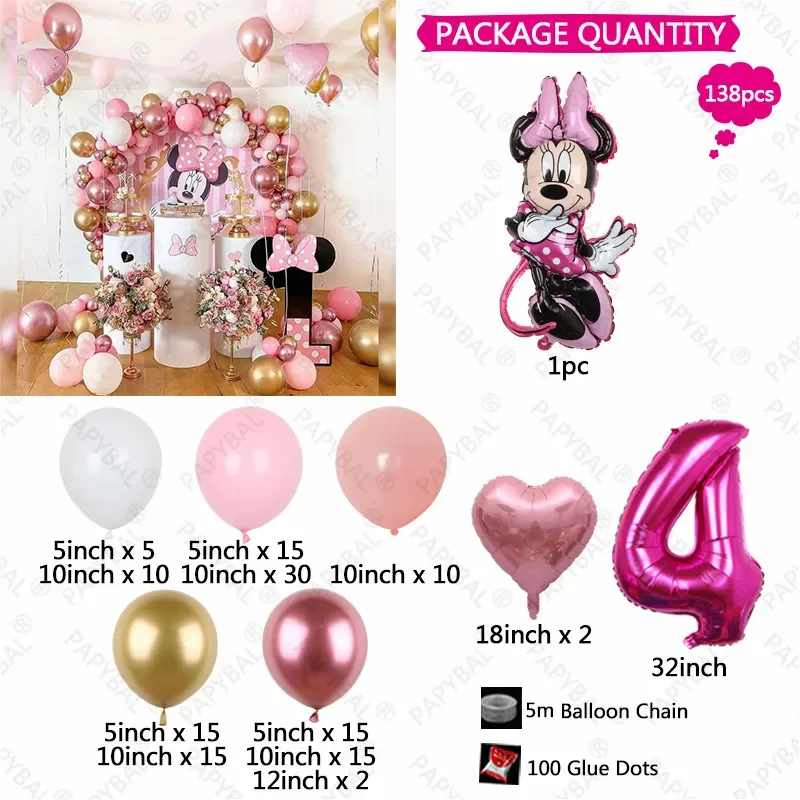 138pcs Disney Minnie Mouse Theme Party Balloon Arch Garland Kit Kids Girls 1-9th Birthday Party Decorations Baby Shower Globos