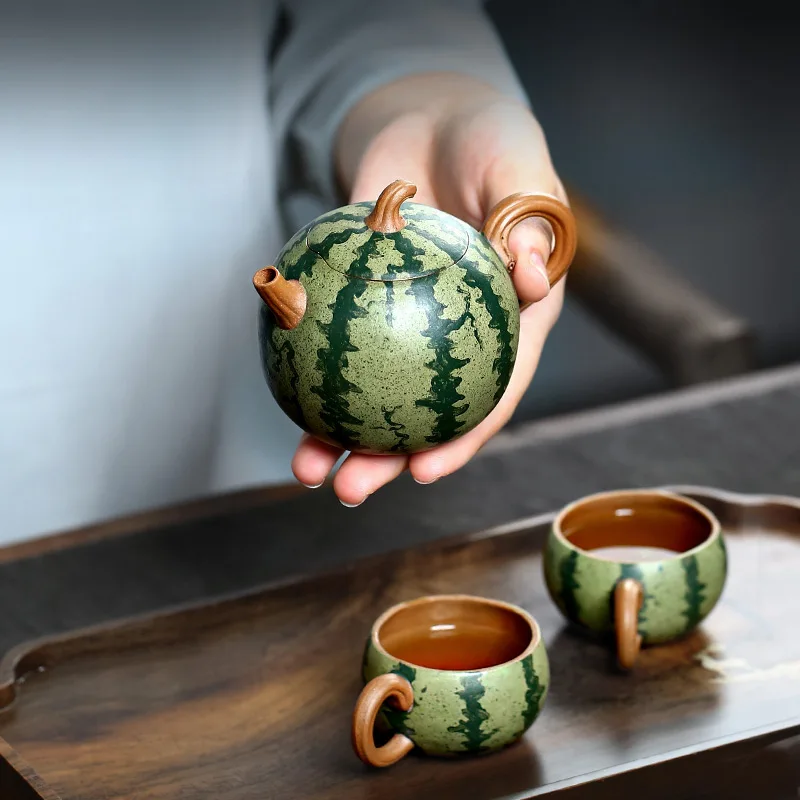 Clay Teapot Pure Handmade Teapot Bionic Device Segment Mud Watermelon Pot Egg-Shell Porcelain Home Use Set 160cc