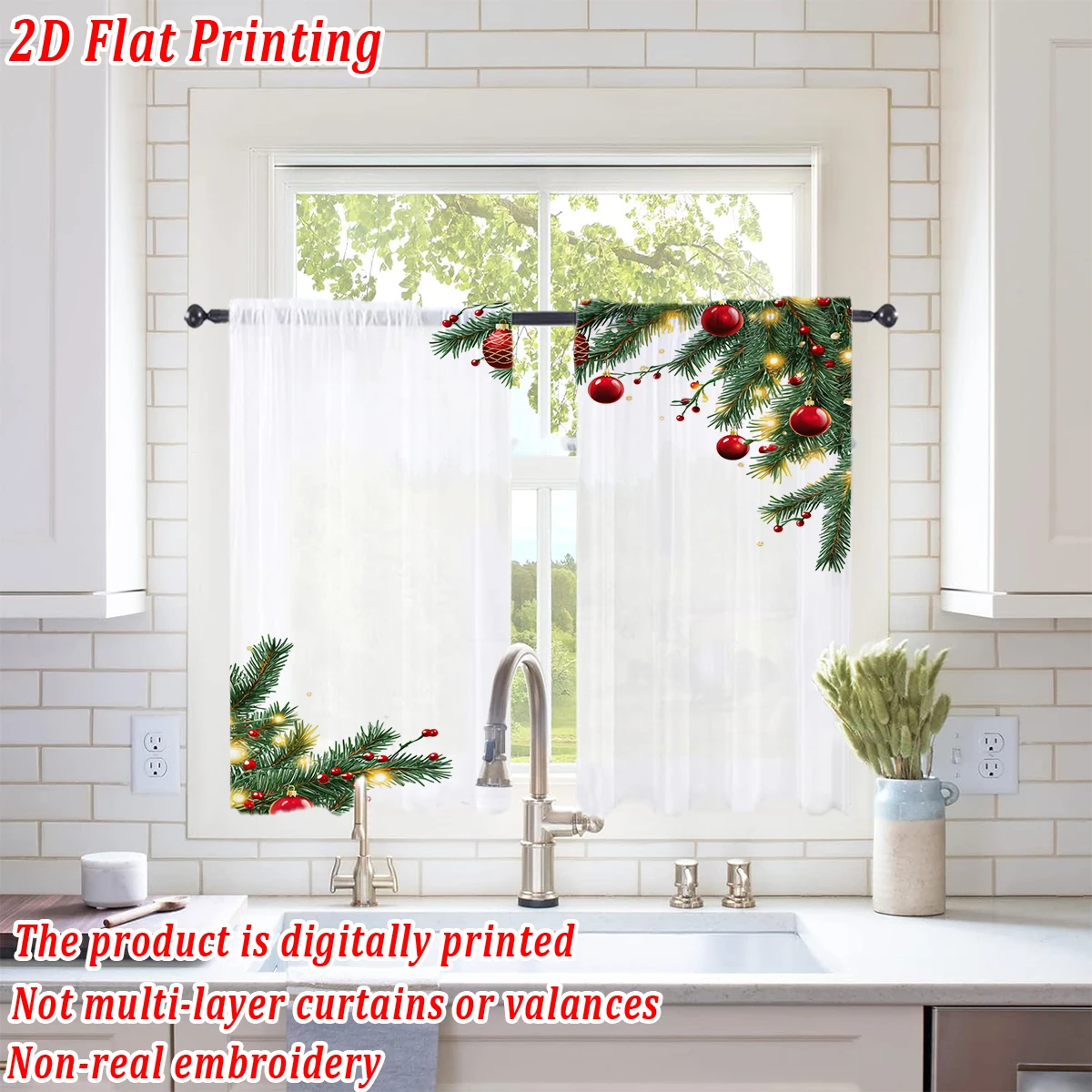 Christmas Flat Printing Kitchen Sheer Curtain with Merry Christmas Ball Pine Branch Ornament For Christmas Home Decor  Party