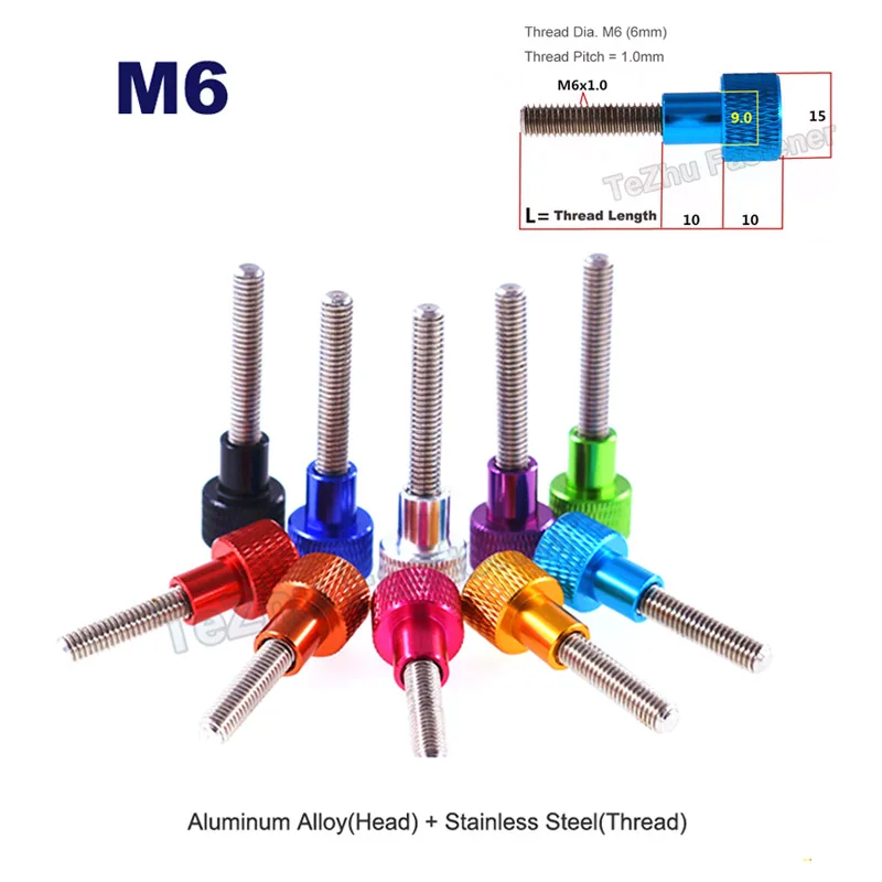 

1PCS Color Thumb Screw M6*5 6 7 8 10 - 100mm Aluminum Alloy and Stainless Steel Knurled Hand Tighten Bolt with Steps Anodizing