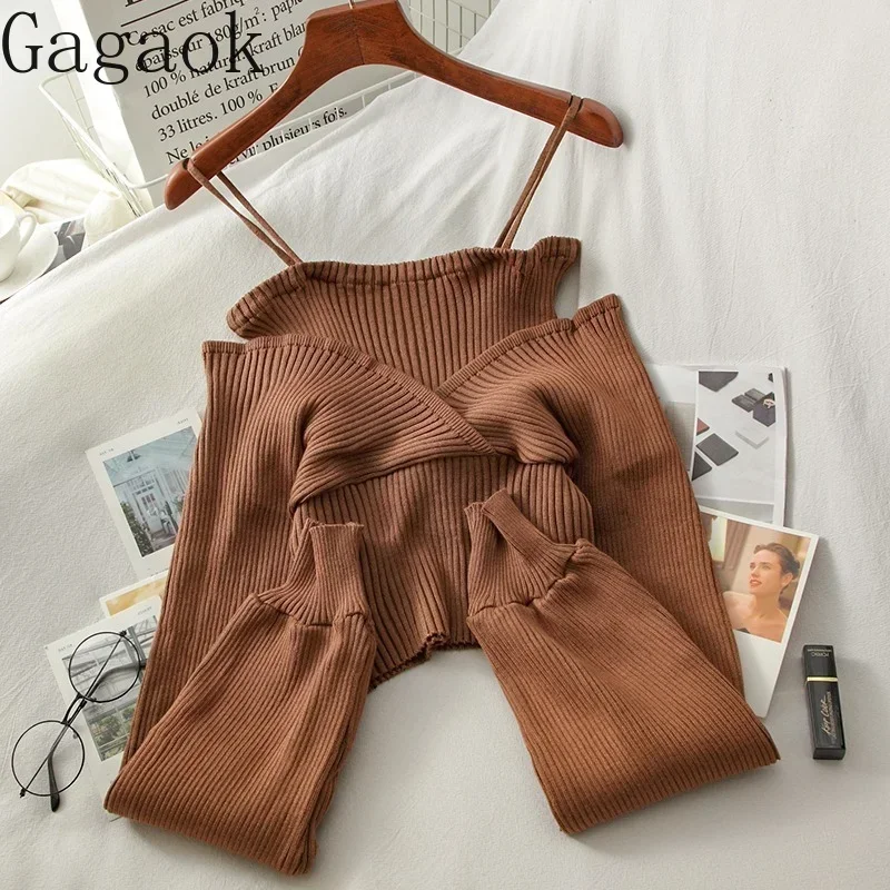 Gagaok Fake Two Sweater Women Top New V-Neck Full Sexy Knitted Sweaters Korean Short Chic Wild Fashion Pullovers