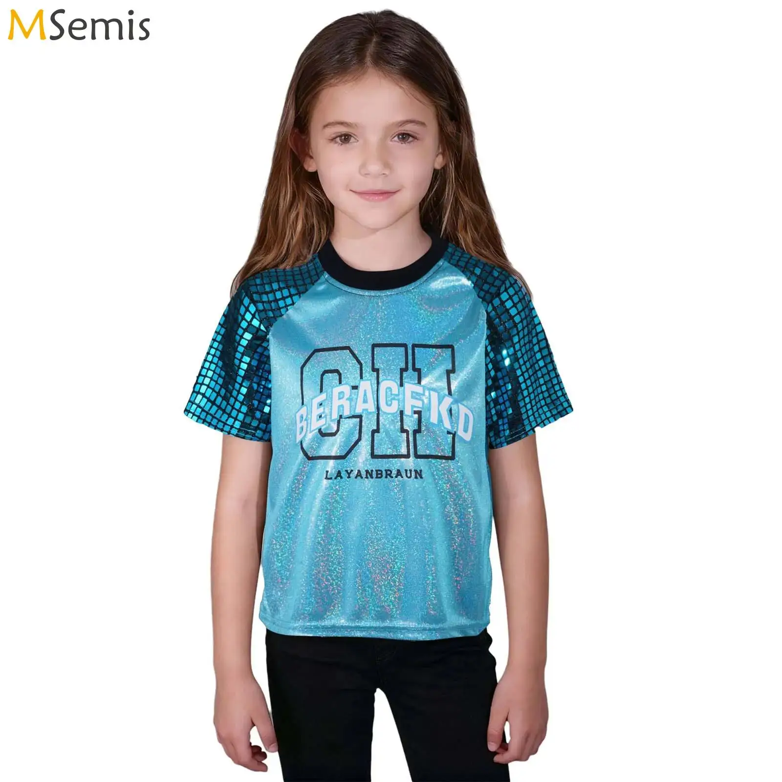 

Детский костюм для выступлений в стиле хип-хоп для джазовых танцев для мальчиков и девочек, блестящие клетчатые топы с круглым вырезом и блестками, с короткими рукавами и буквенным принтом, металлические топы