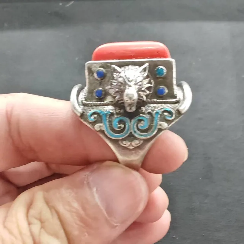 Antique Ethnic Wolf Head Enamel Ring Unisex Rectangle Red Stone Vintage Wide Band Scroll Pattern Unisex Statement Finger Jewelry