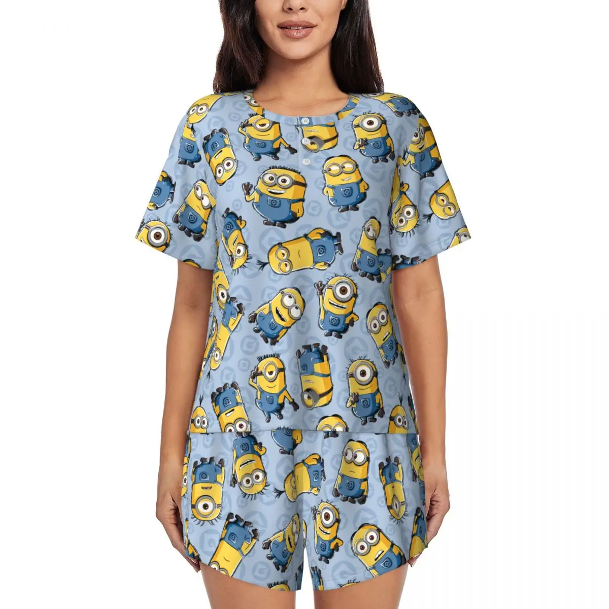 

Custom Animated Comedy Movies Minions Pajamas Set Women Short Sleeve Sleepwear Loungewear 2 Piece Pjs