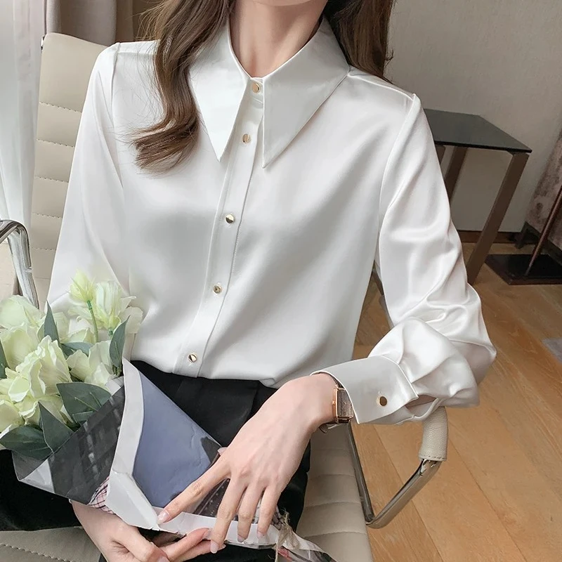 

2025 New Satin White Loose Women's Blouses Spring Autumn Long Sleeve Single Breasted Casual Elegant Workwear Shirts Female