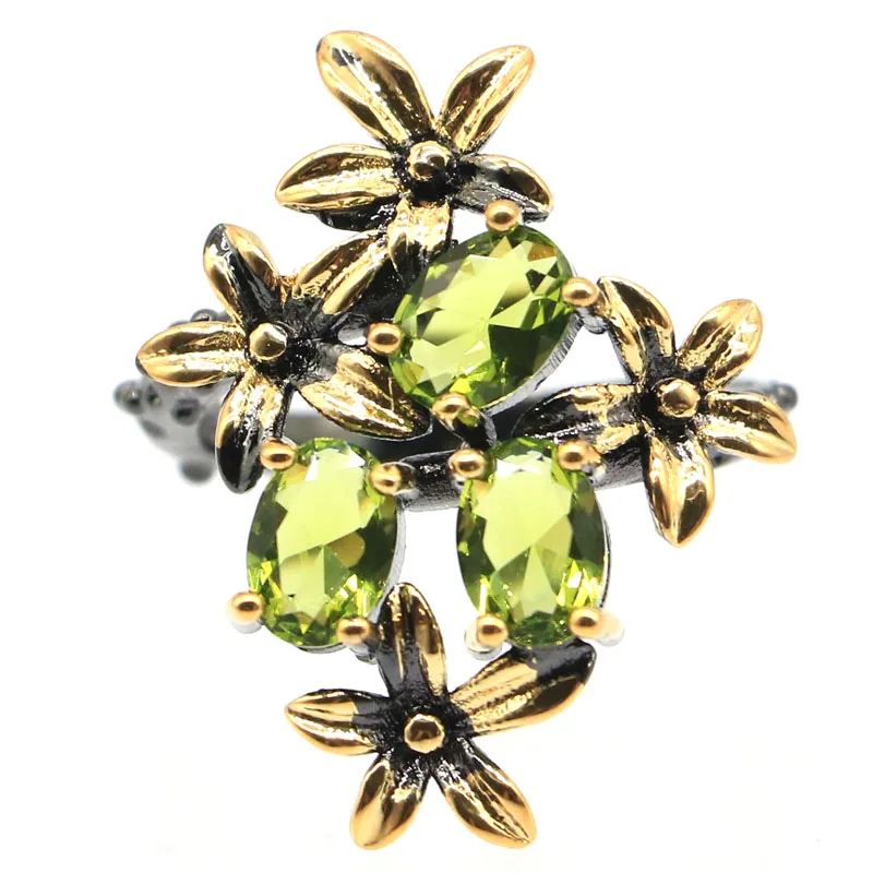 28x21mm Unique Vintage Gold Flowers Blue Aquamarine Violet Tanzanite Pink Tourmaline Peridot Cool Black Metal Silver Rings view 3