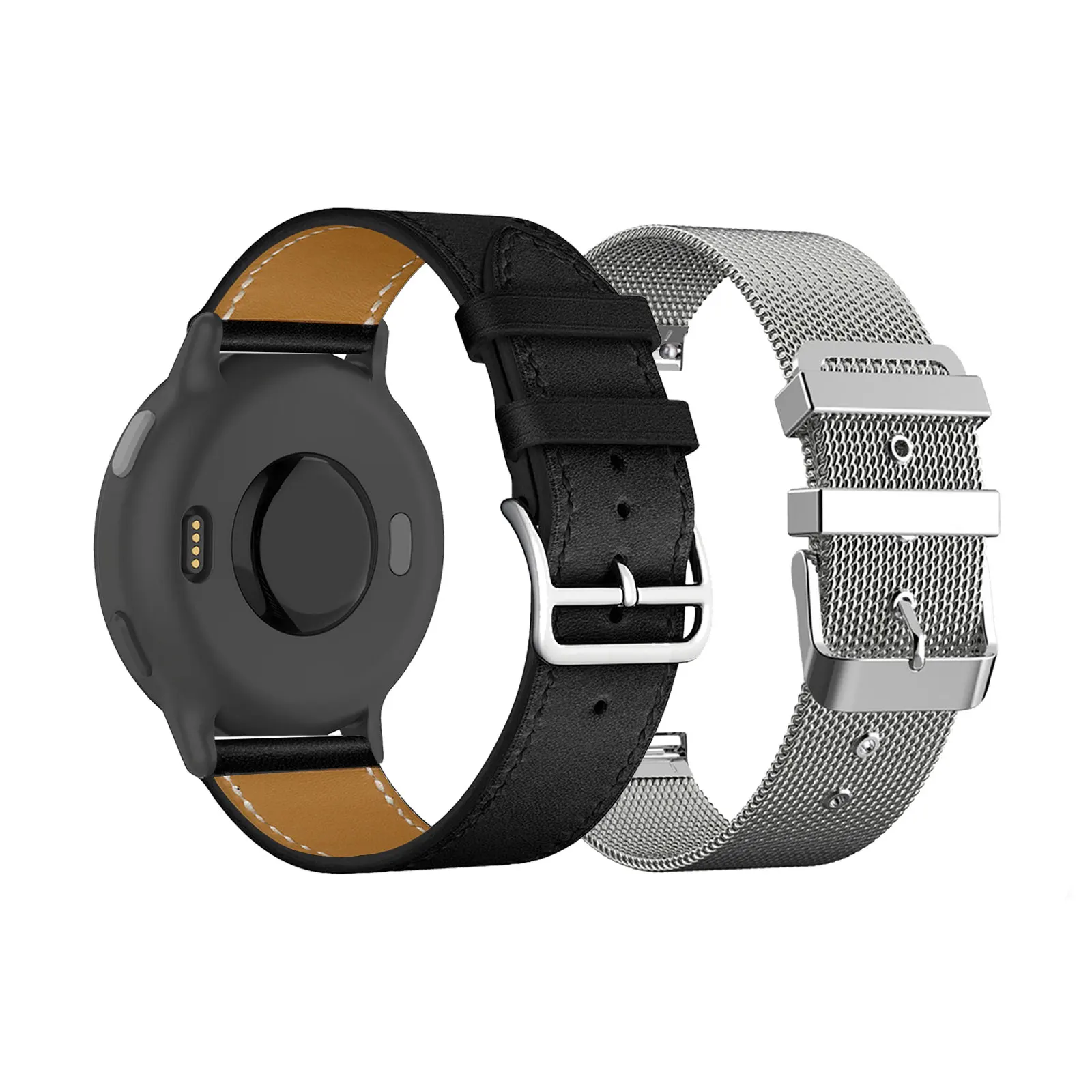 2pcs Stylish Bands for Garmin Venu/Venu 2 Plus/Venu Sq/Venu Sq Music/Venu Sq 2/Sq 2 Music One Leather Strap and One Metal Strap
