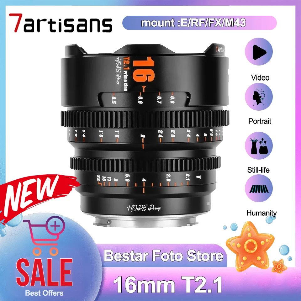 7Artisans 16mm T2.1 S35 Prime MF Cine Lens Wide-angle Fixed Focus Lens for Canon R5 Sony A6000 A7III Fuji XT-30 Lumix DC-S5M2