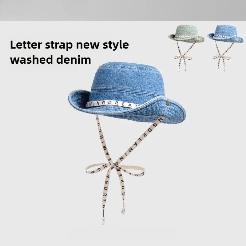 

K-Style Washed Denim Bucket Hat for Women - Flat Crown Wide Brim Sun Hat with Letter Print & Adjustable Strap