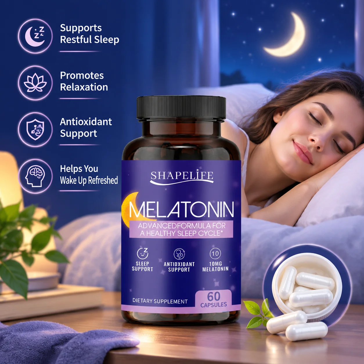 Melatonin Capsules, Supports Restful Sleep & Promotes Relaxation, with 10mg Melatonin & Antioxidant Support, 60 Veggie Capsules