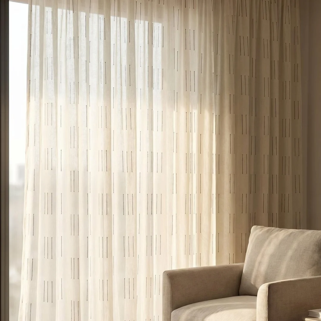 Modern Minimalist Dash Pattern Sheer Curtain, Semi Transparent Linen Look Voile Window Curtain for Balcony