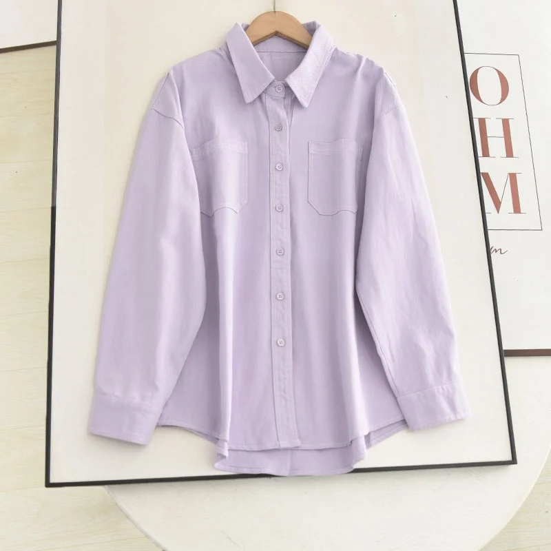 

Ele White Enhancing Purple irt Sle Denim Jaet Loose Casual Slimming Versatile Women's irt Breathable Long Sve