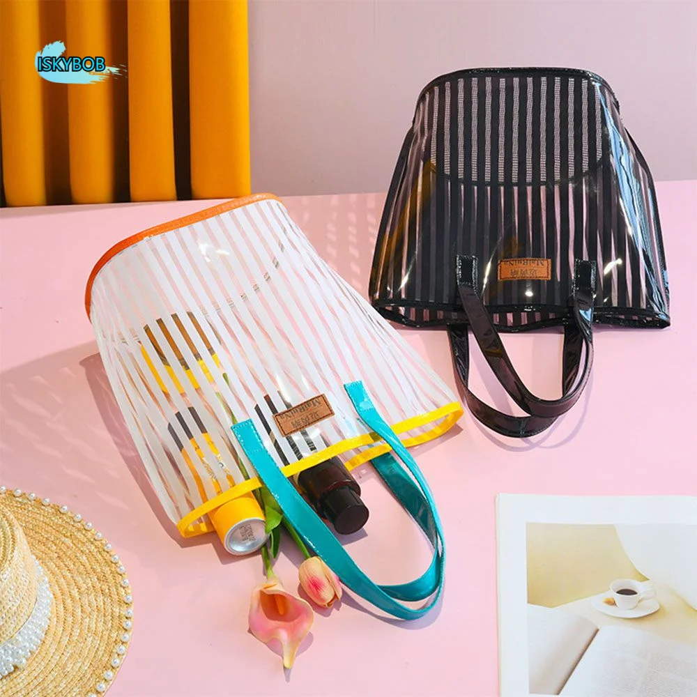 

Fashion PVC Makeup Organizer Large Capacity Travel Cosmetic Bag Tote Bag Striped Handbag Storage Bag Beach Bag Shopping Bag