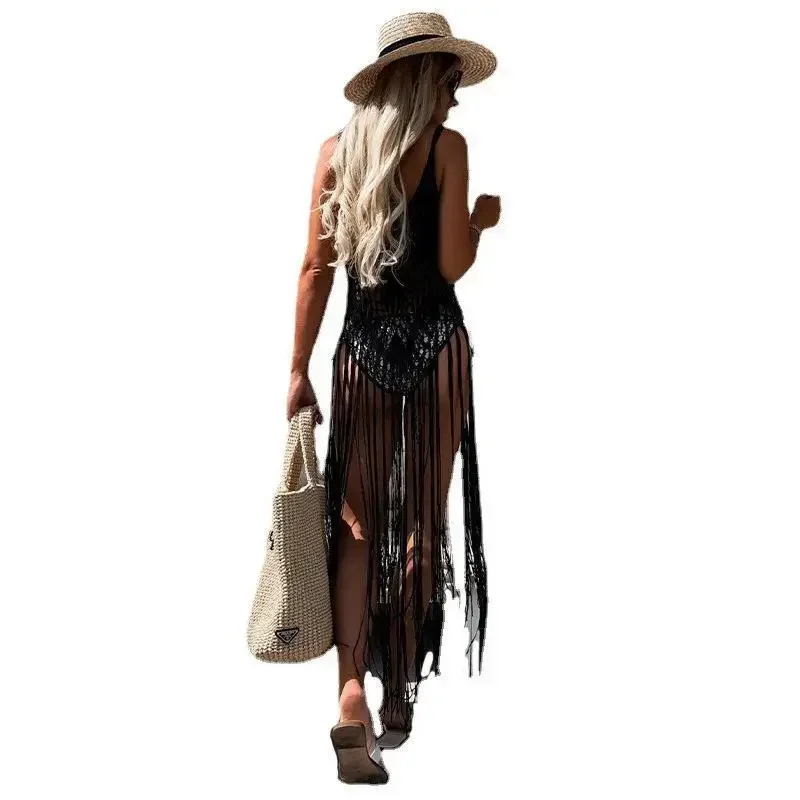 

European and American Women's Sexy Hand Hook Hollow Sunscreen Shirt Suspender Long Tassel Beach Blouse Women