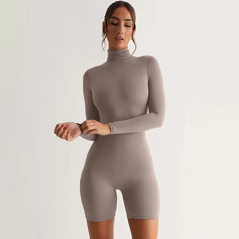 

Turtleneck Skinny Playsuit Long Sleeve Solid Minimalist Streetwear Sport Yoga Rompers Autumn Women Fashion Zipper Fly Bodysuit