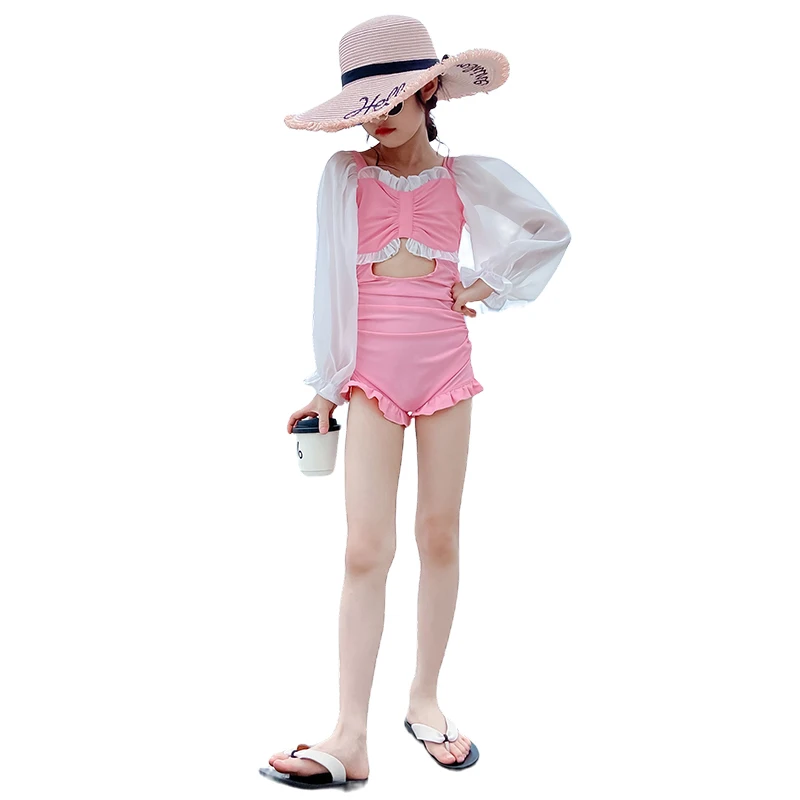 2024 New Girls Swim Wear Korean Sexy Slim Long Sleeved Kids Swimwear Children One Piece Swimsuit Backless Monokini Bathing Suits