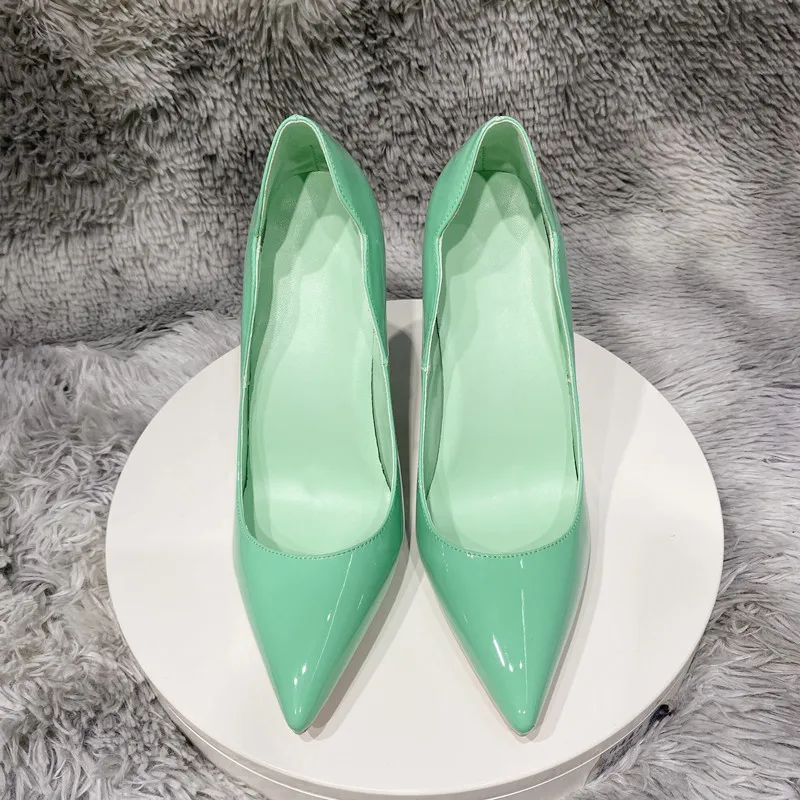 Veowalk Glossy Solid Mint Green Women Pointed Toe Curl Cut Stiletto Pumps Elegant Designer 80 100 120 High Heel Shoes for Party