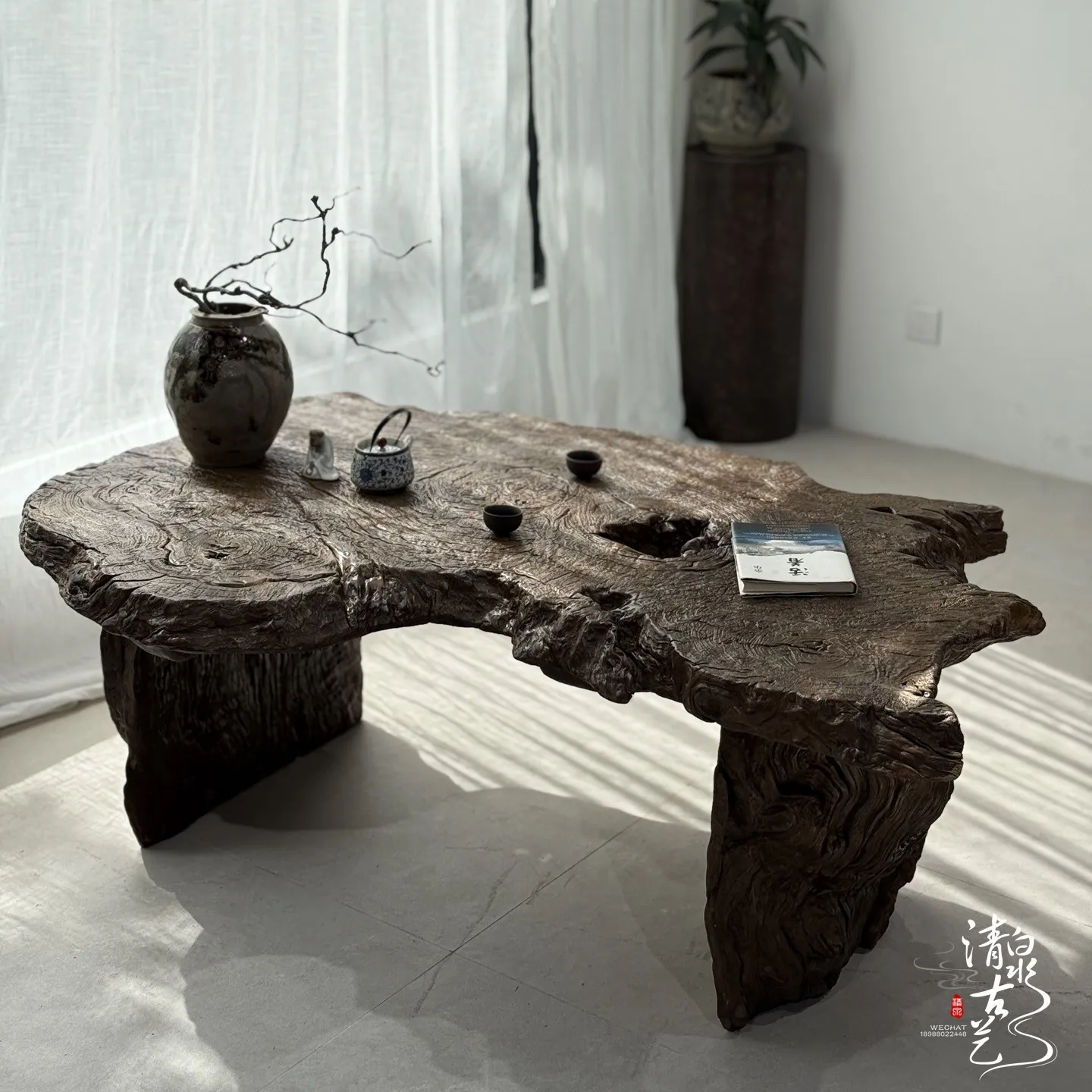 

Qingquan ancient art, medieval style light luxury high-end solid wood root carving tea table with type whole wood tea table