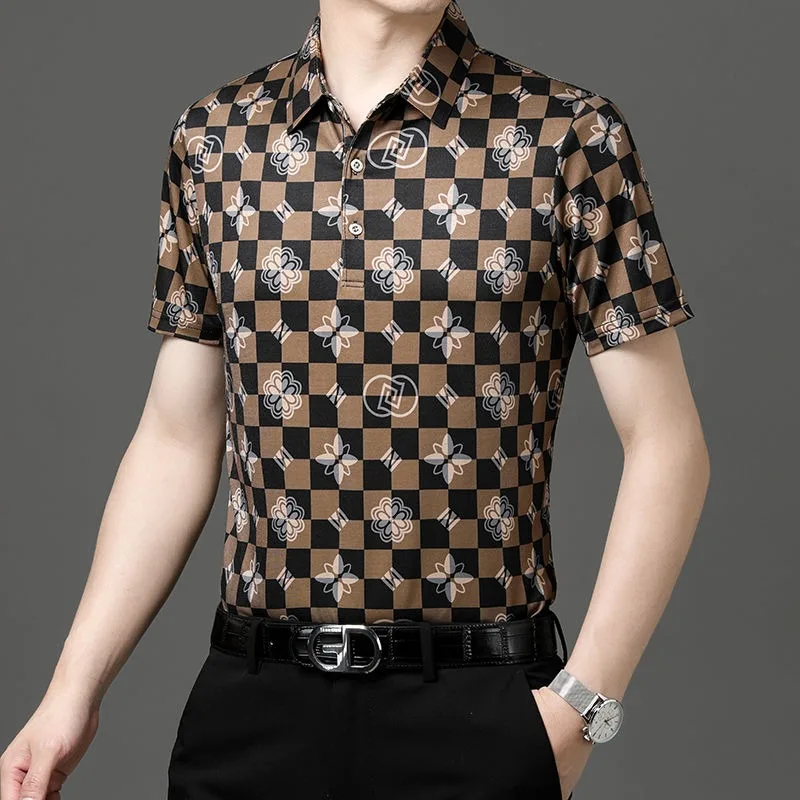 Men\'s Summer Plaid Solid Color Turn-down Collar Geometric Printing Short Sleeve Contrast Color Casual T-shirt Clothing Tops