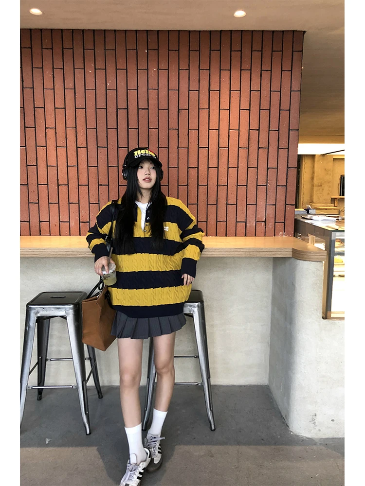 

Свободный женский трикотаж, осенне-зимний полосатый топ Lazy Sle, элитный вязаный свитер в стиле ретро, красный шкаф знаменитостей