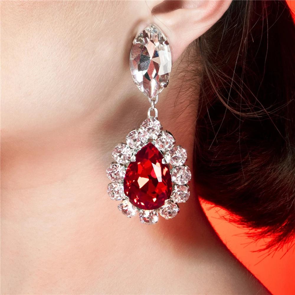 Luxury Silver Color Red Stone Earrings Women Fashion Metal Inlaid Rhinestone Wedding Drop Dangle Earrings for Women Jewelry