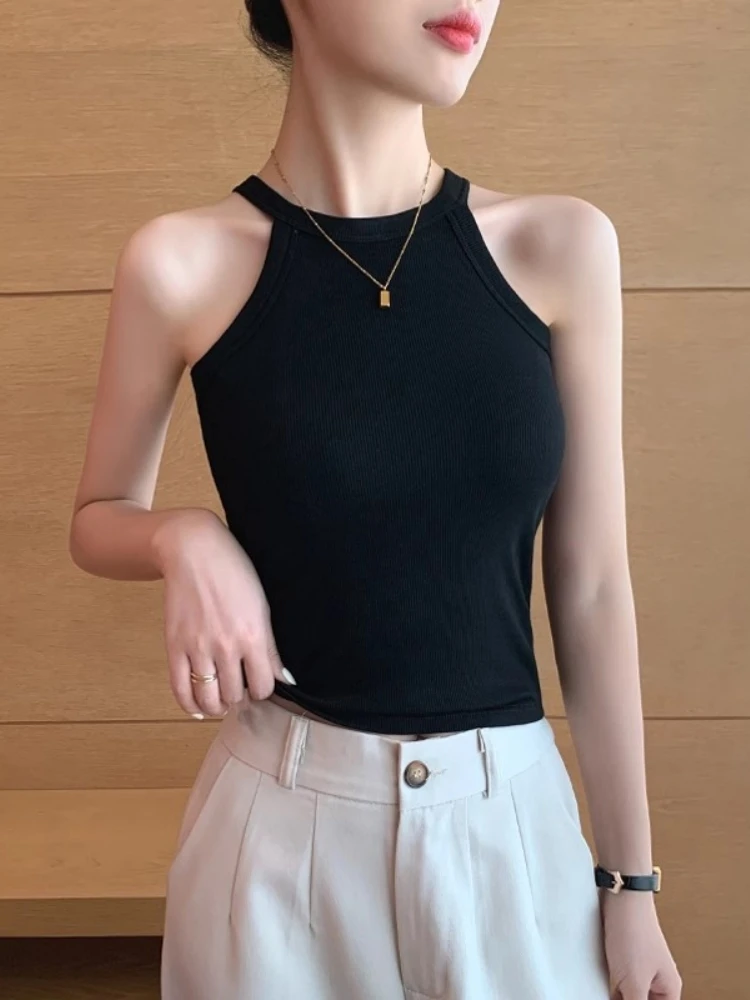 Trendy Neck Hanging Strap Vest Women's Summer New Style Integrated Beautiful Back Underwear Top Outerwear Cotton Blend