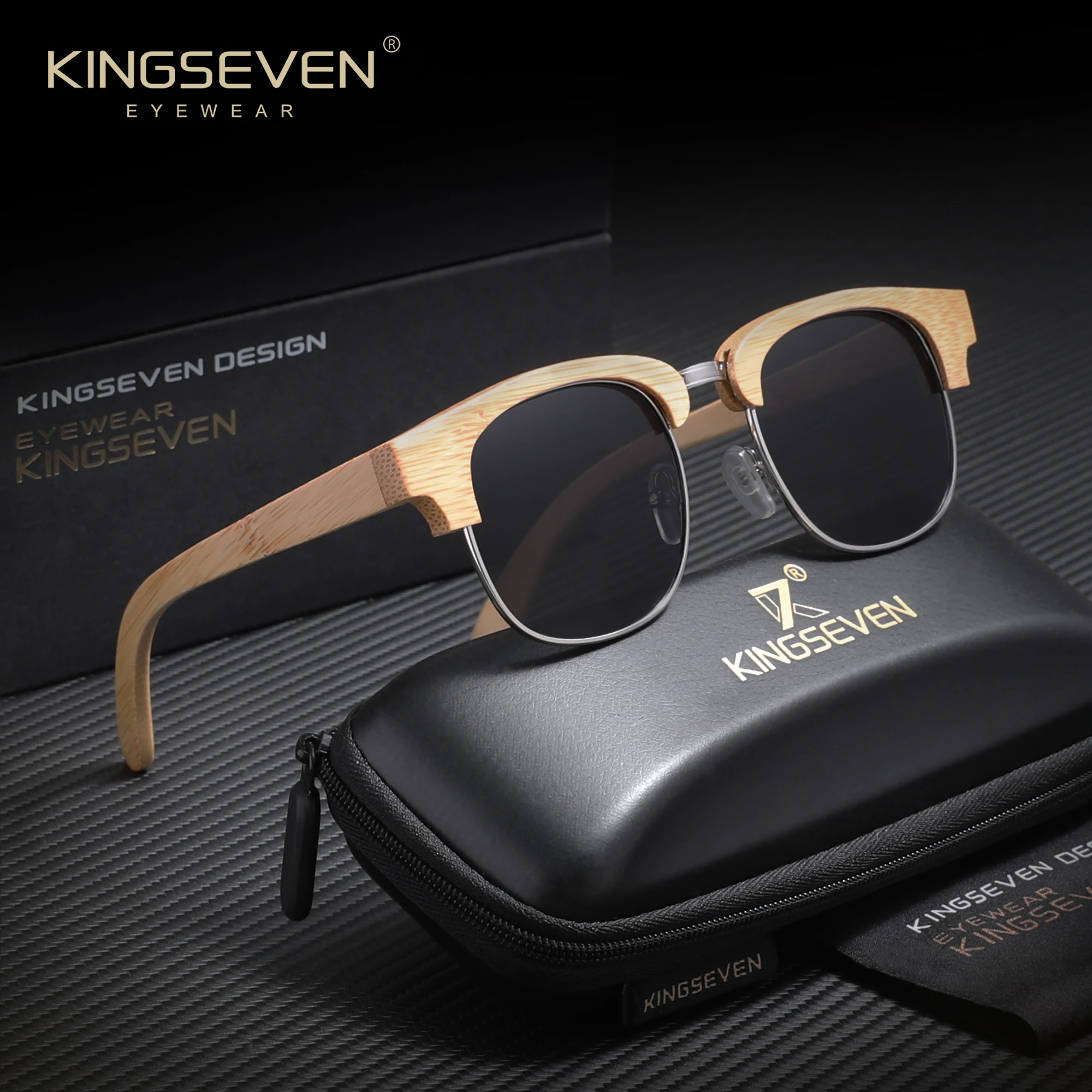 

KINGSEVEN Fashion Polarized Wooden Sunglasses Men Women UV400 Protection Square Frame Driving Outdoor Eyewear