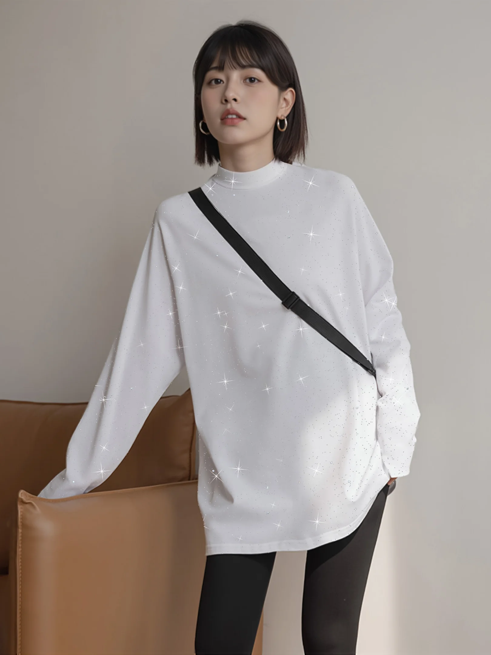 Minimalist Fashion Glitter Design Loose Long Sleeve High Collar T-Shirt Mid-Length Cover Butt Winter Women's Top