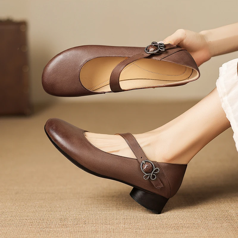 2026new spring summer women pumps natural leather 22-25cm soft sheepskin+pigskin+cowhide round toe buckle mary janes women shoes