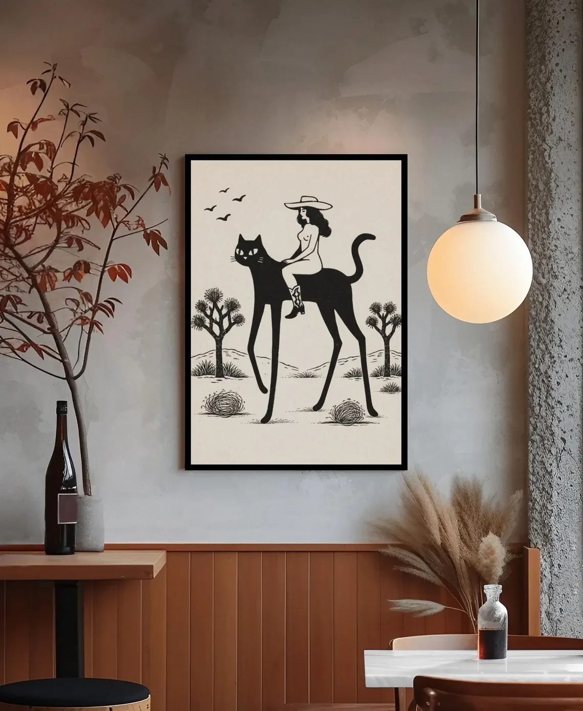 Whimsical Desert Cowgirl Cat Wall Art - Retro Print Celebrating Feline Adventure. The Warm Beige Backdrop and Bold Black Silhoue view 3
