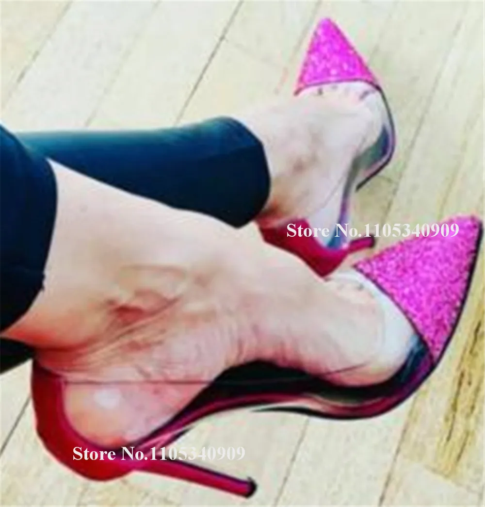 

Bondarenko Bling Bling PVC Patchwork 12cm Stiletto Heel Dance Shoes Pointed Toe Pink Blue Black Glitter Slip-on Thin Heel Pumps