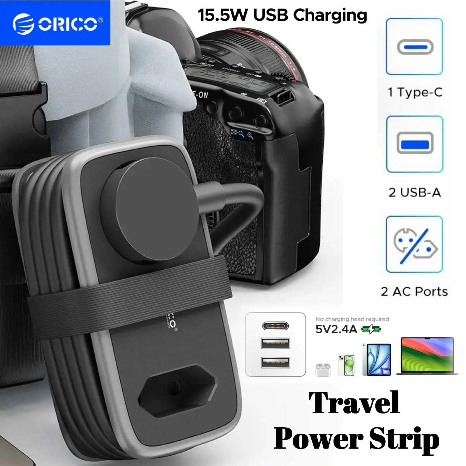 

ORICO 5-In-1 Smart Charging Sockets 2AC 3USB Port Outlets 1.1M Extension Cable EU Plug Travel Power Strip Usb Electrical Socket
