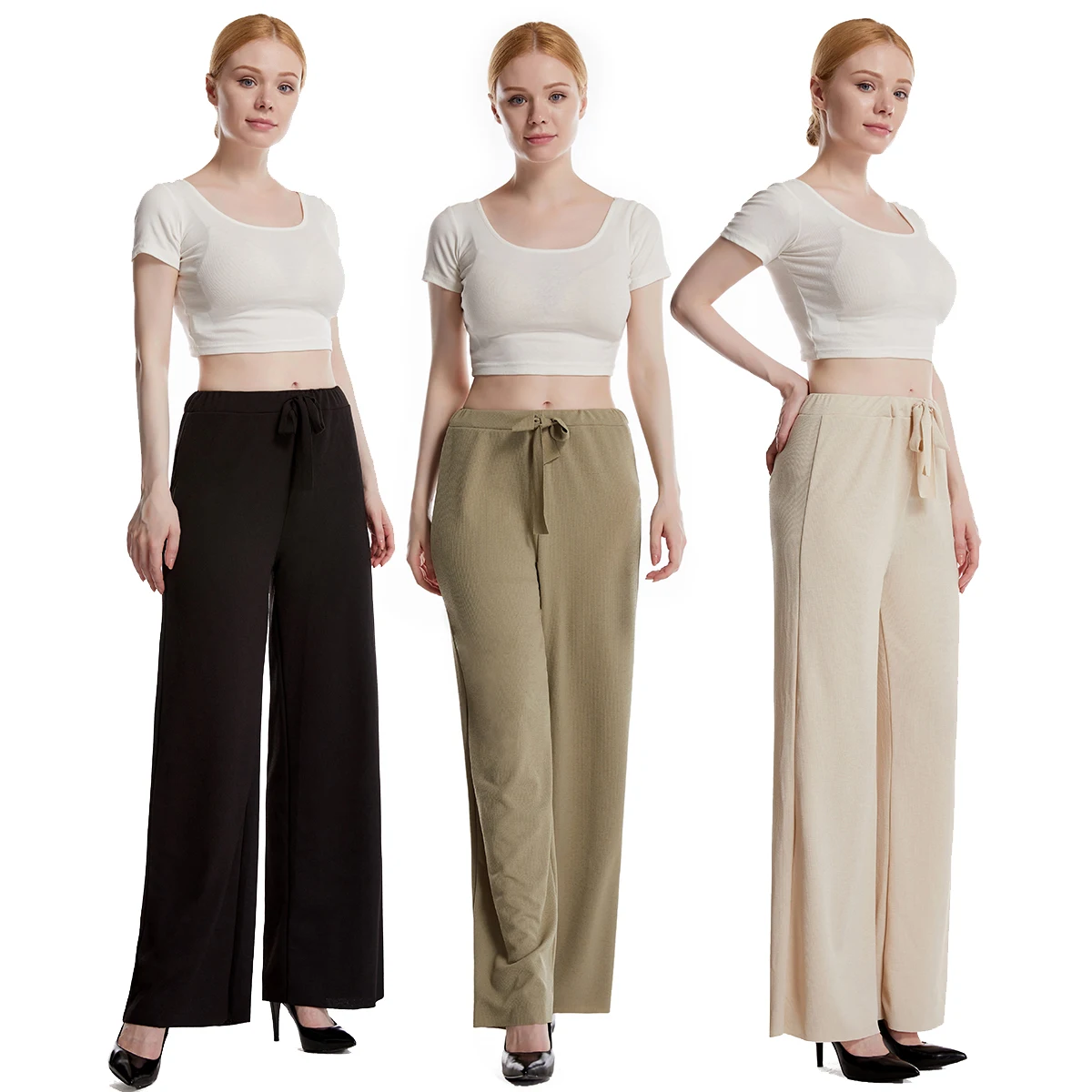 Women Summer Wear Solid Color Slat Full Length Ribbed Straight Trousers Lady Loose Fashion Drawstring Long Pants