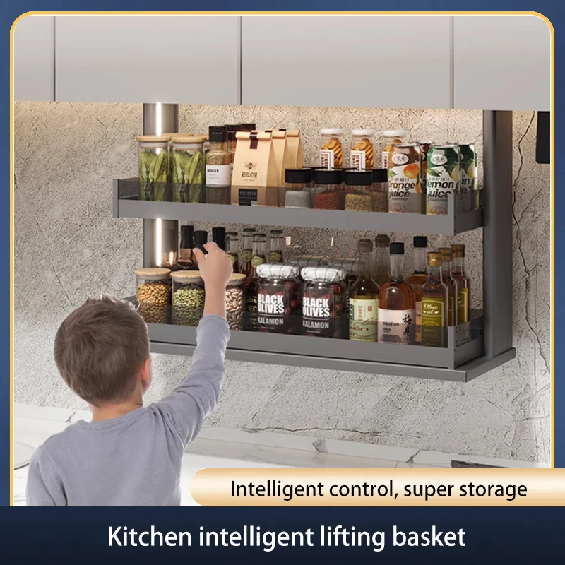 

Voice-Controlled Vertical Pull-Down Electric Kitchen Cabinet Intelligent Lifting Basket Machine Hanging Cabinet Seasoning Rack
