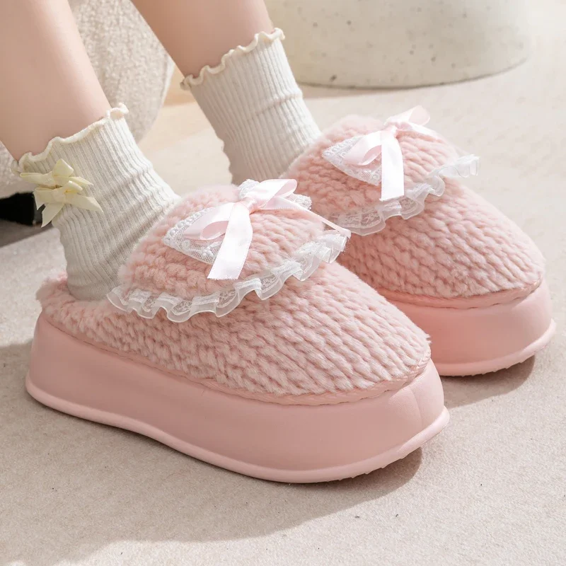 Süße Bowknot Plattform Baumwolle Hausschuhe Frauen Innen Dicken Boden Warme Flauschige Rutschen Frau Anti Slip Weiche Sohle Hause Hausschuhe
