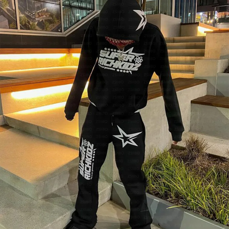 

Комплект спортивного костюма в стиле Харадзюку, мужская толстовка с капюшоном High Street Y2K, повседневные прямые широкие брюки с принтом, осенние модные уличные костюмы для пар