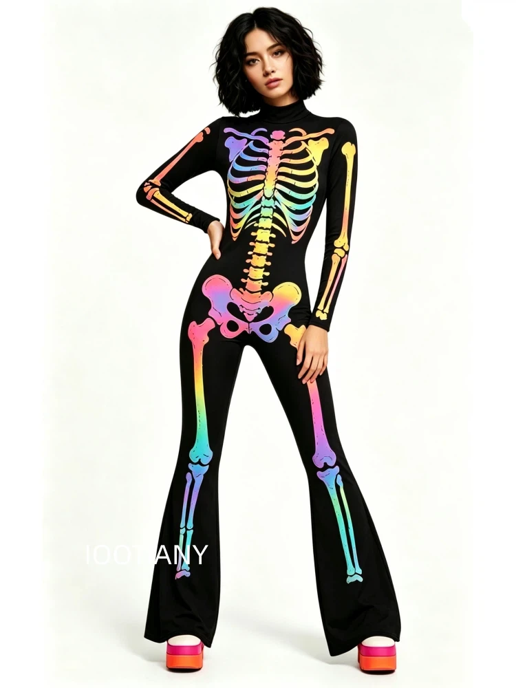 Mehrfarbiger Schlaghosen-Body mit Regenbogen-Effekt, ausgestellter Catsuit für Rave-Partys, Halloween, Schmetterlings-Skelett-Jumpsuit-Outfit 2026 – Detail 36